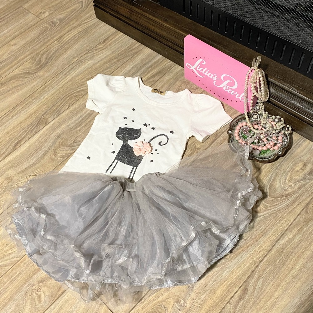 KangKang Girls 2pc Fancy Cat Top & Grey Tool Skirt